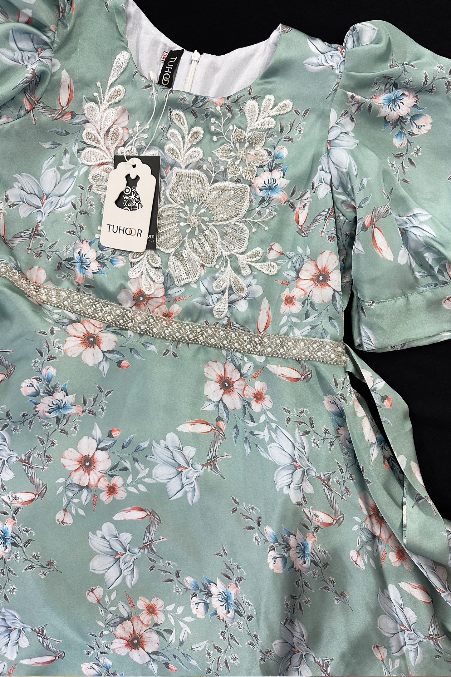 Silk sequins lace dress- Teal